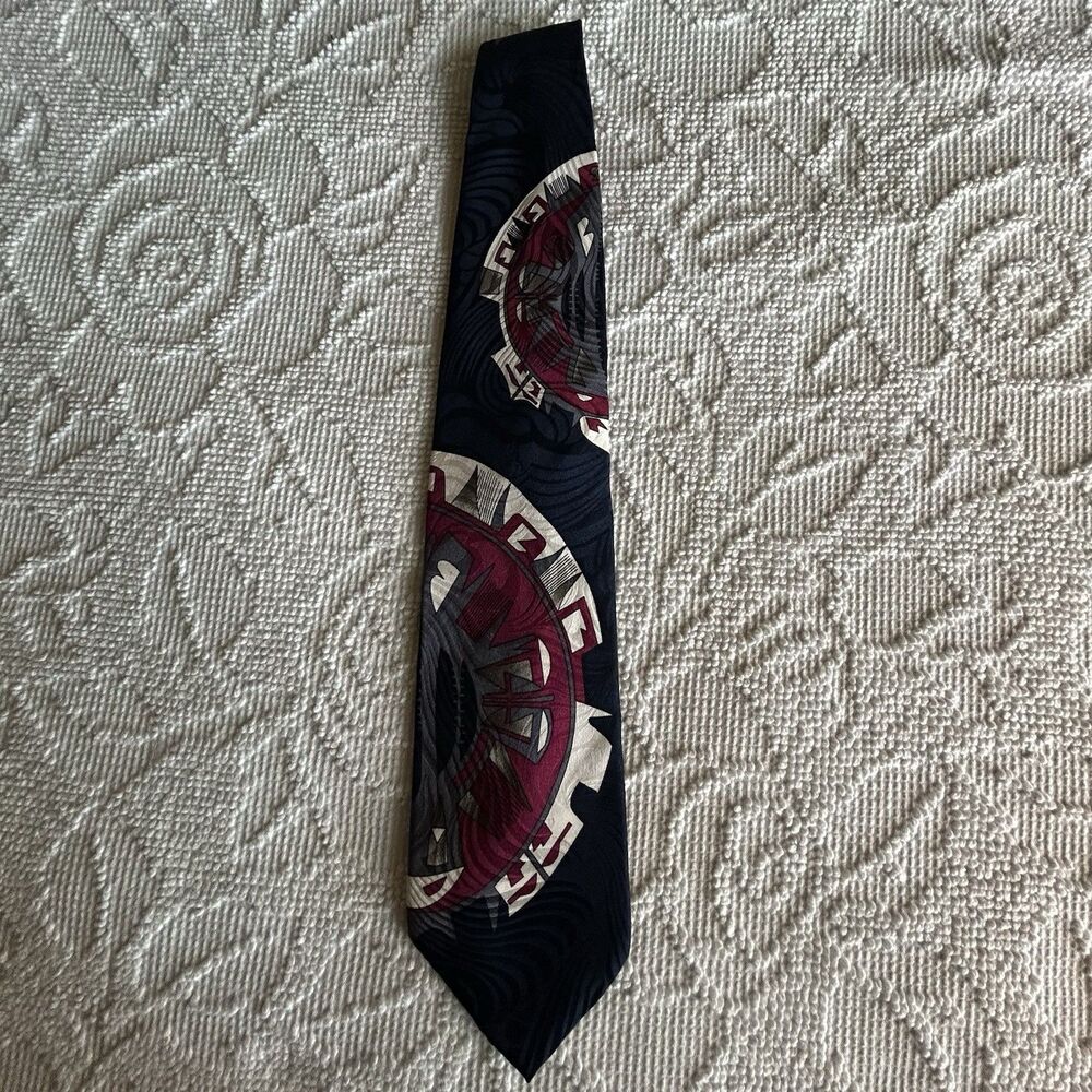 VIA EUROPA Men's Silk Tie Geometric Pattern Navy Burgundy Gray Preppy Academia